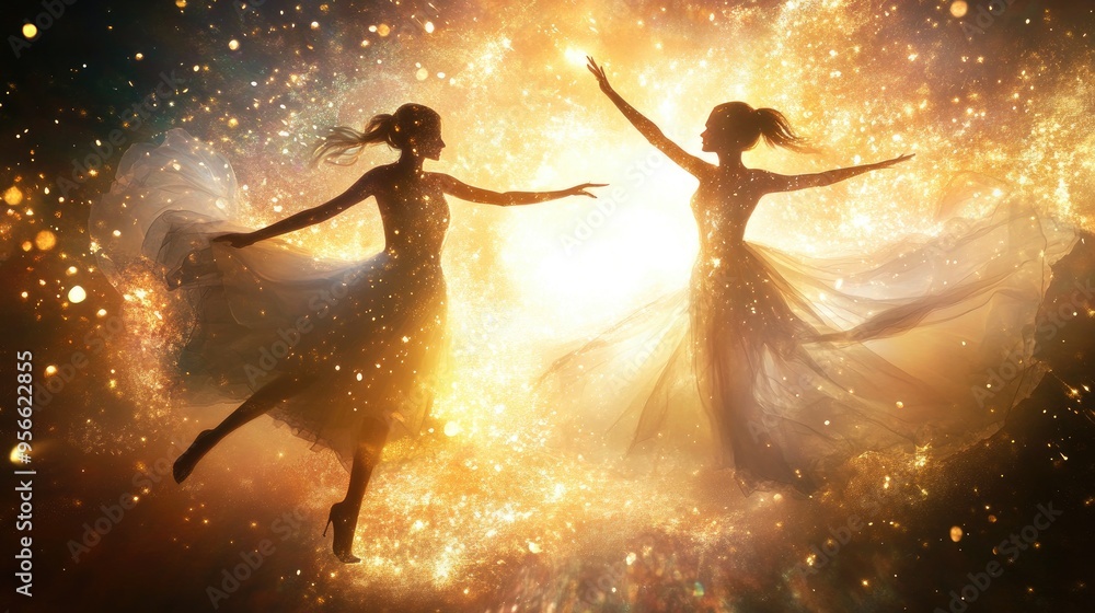 Two Silhouettes of Women in Flowing Dresses with Golden Lights Two Silhouettes of Women in Flowing Dresses with Golden Lights