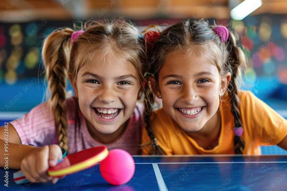 Two girls with braided hair have fun playing table tennis, displaying wide smiles and joy against a bright and colorful background, showcasing their playful and energetic spirits. Two girls with braided hair have fun playing table tennis, displaying wide smiles and joy against a bright and colorful background, showcasing their playful and energetic spirits.
