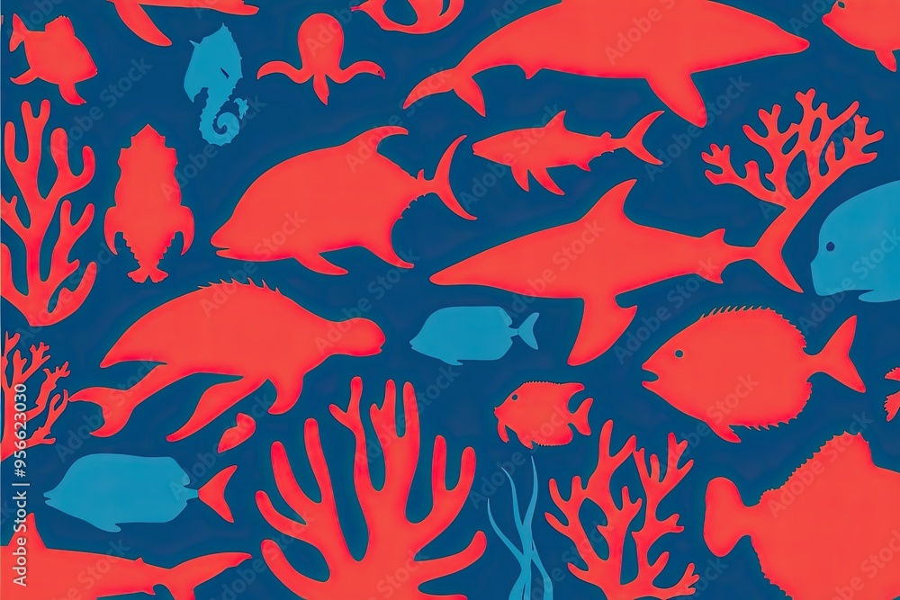 Azure Blue Coral Red Halftone Marine Life Silhouettes for Digital Backgrounds Azure Blue Coral Red Halftone Marine Life Silhouettes for Digital Backgrounds
