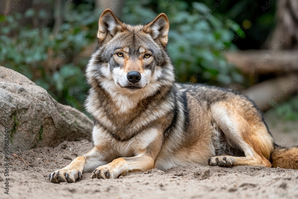 Grey Wolf Laying on the Ground with Green Bushes in the Background Grey Wolf Laying on the Ground with Green Bushes in the Background