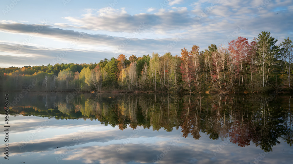 A calm lake with trees reflected in the water, their leaves changing colors, under the sky, symbolizing the transitional nature of September. A calm lake with trees reflected in the water, their leaves changing colors, under the sky, symbolizing the transitional nature of September.