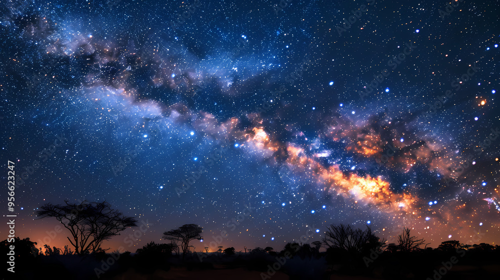 Silhouette tree in Africa with stars and the Milky Way in the background. A dark tree silhouetted against the setting sun. Silhouette tree in Africa with stars and the Milky Way in the background. A dark tree silhouetted against the setting sun.