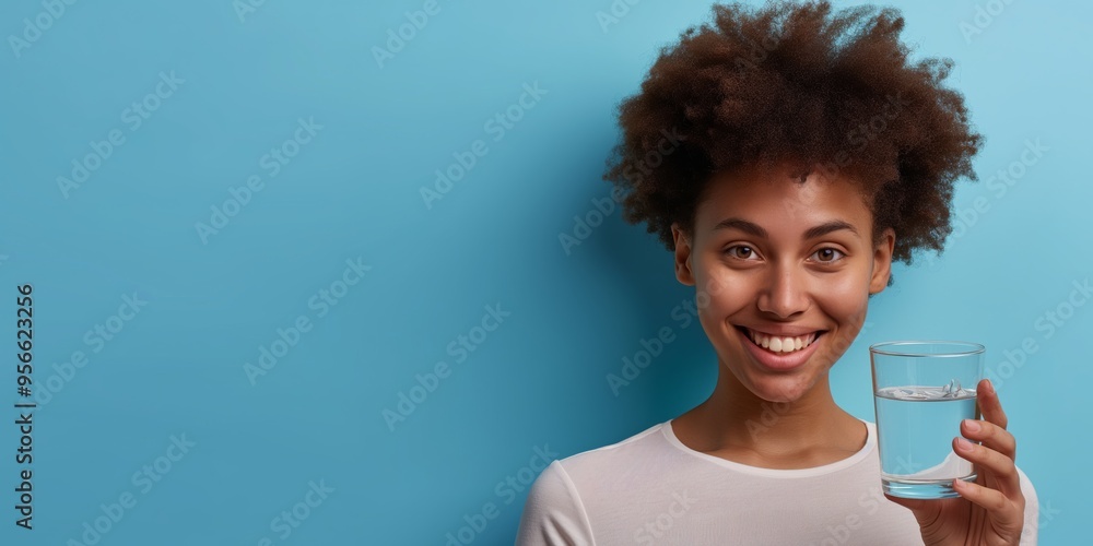 A cheerful woman with a radiant smile holding a clear glass of water against a blue background, highlighting concepts of hydration, health, and well-being. A cheerful woman with a radiant smile holding a clear glass of water against a blue background, highlighting concepts of hydration, health, and well-being.