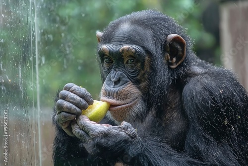 A Close-Up of a Chimpanzee Eating a Piece of Fruit photo