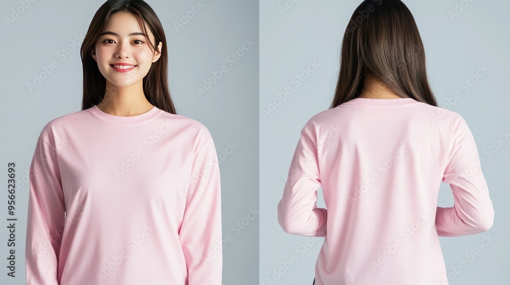 A model showcasing a pink long-sleeve shirt, highlighting front and back views against a neutral background. A model showcasing a pink long-sleeve shirt, highlighting front and back views against a neutral background.