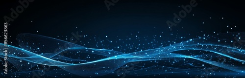 A futuristic abstract 3D illustration of a data technology abstract on an abstract blue geometric background with waves of particles.