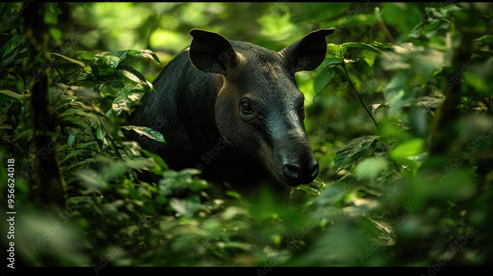 Fototapeta premium Amazonian tapir foraging in the dense underbrush, camouflaged among the rich greenery of the forest