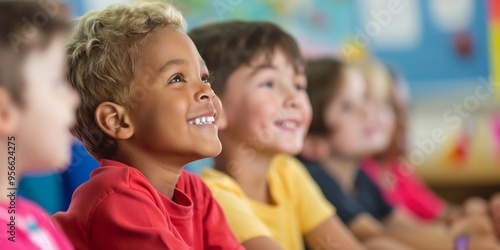 This vibrant image portrays several joyful children attentively listening during a lesson, their focused faces reflecting excitement and eagerness to learn in a colorful classroom.