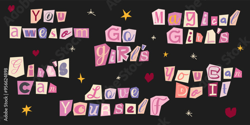 Women feminist quotes. Anonymous letters cut from magazines. Female motivational slogan. Cuts from newspaper. Letters on pieces of paper in different colors. Girl power signs and quotes for design