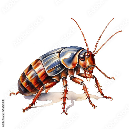 Isolated Watercolor Illustration of a Cockroach Roach Beetle Bug Insect on White Background