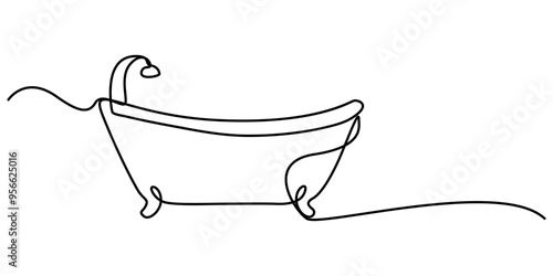 Bathtub in continuous line art drawing style. Clawfoot tub minimalist black linear design isolated on white background. Vector illustration, Bathtub line icon. Editable stroke icon