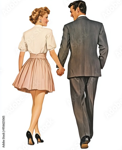 A vintage 1950s illustration of a couple walking hand in hand, with the woman in a pleated skirt and the man in a suit.
