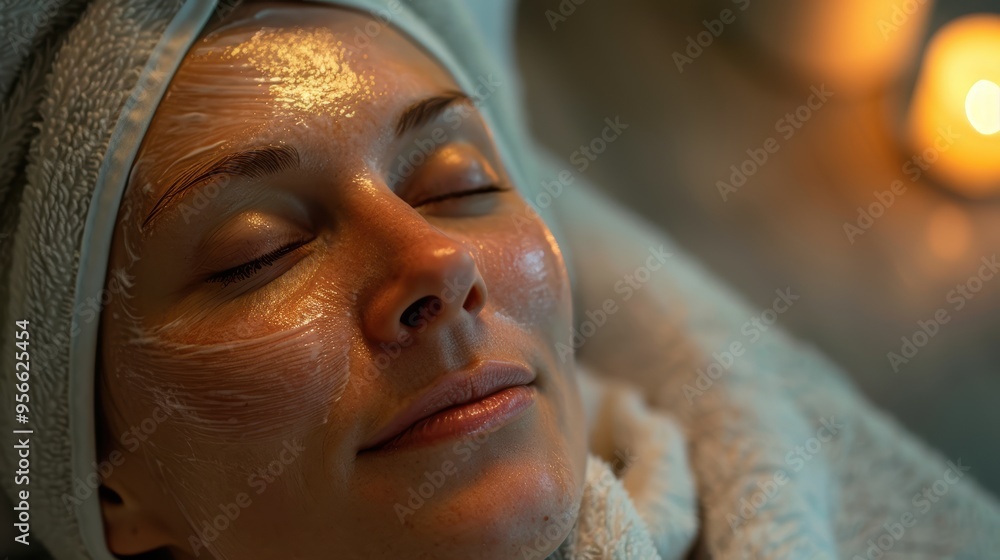 Fototapeta premium Relaxed woman enjoying facial treatment with candlelight ambiance at spa. Skincare routine 