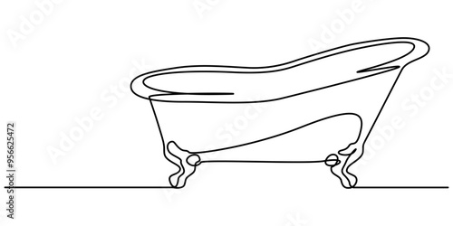 Bathtub in continuous line art drawing style. Clawfoot tub minimalist black linear design isolated on white background. Vector illustration, Bathtub line icon. Editable stroke icon
