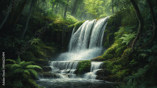 Cascading waterfall in a temperate forest, with ferns and moss thriving in the humid environment