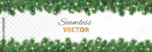 Christmas tree seamless garland with glowing sparkling Christmas lights decoration. Vector border for holiday banners, party posters, headers. Transparent background can be removed in vector file.