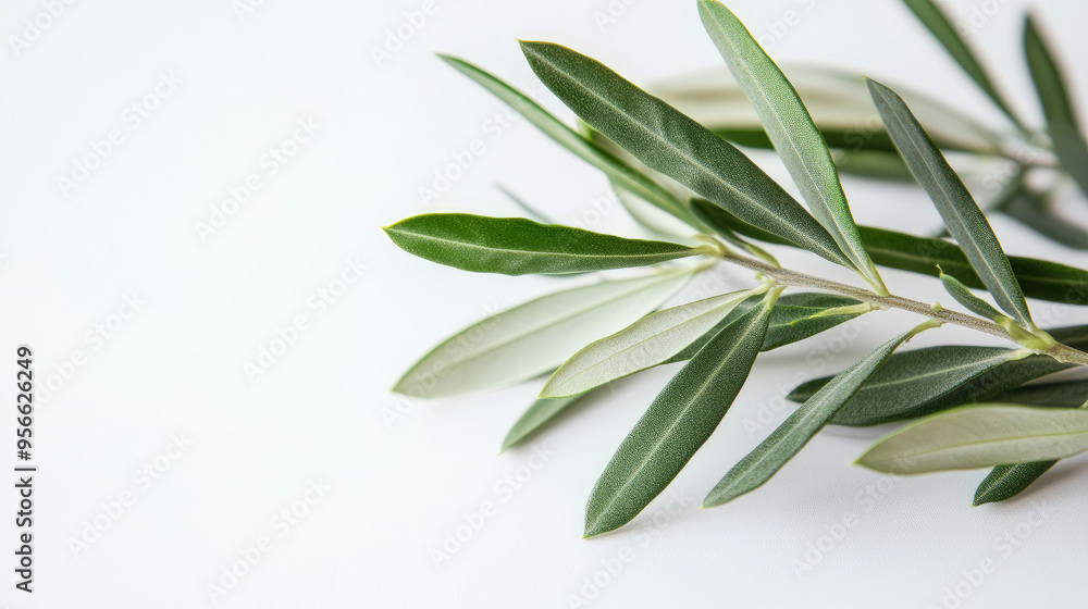 Close-up of a fresh olive twig with delicate green leaves on a white background, perfect for eco-friendly designs Close-up of a fresh olive twig with delicate green leaves on a white background, perfect for eco-friendly designs