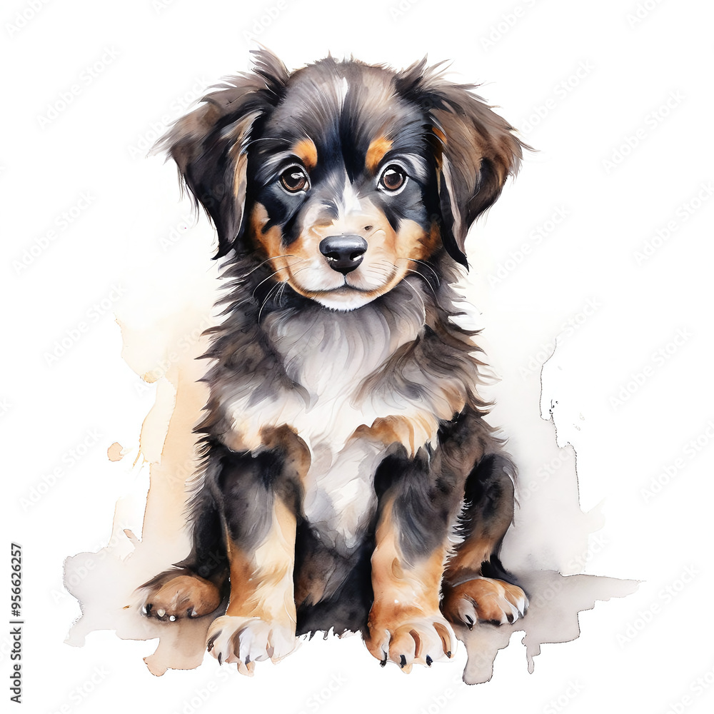 A cute little sitting Black Baby Puppy Dog Pet Watercolor Illustration, Isolated on White Background A cute little sitting Black Baby Puppy Dog Pet Watercolor Illustration, Isolated on White Background