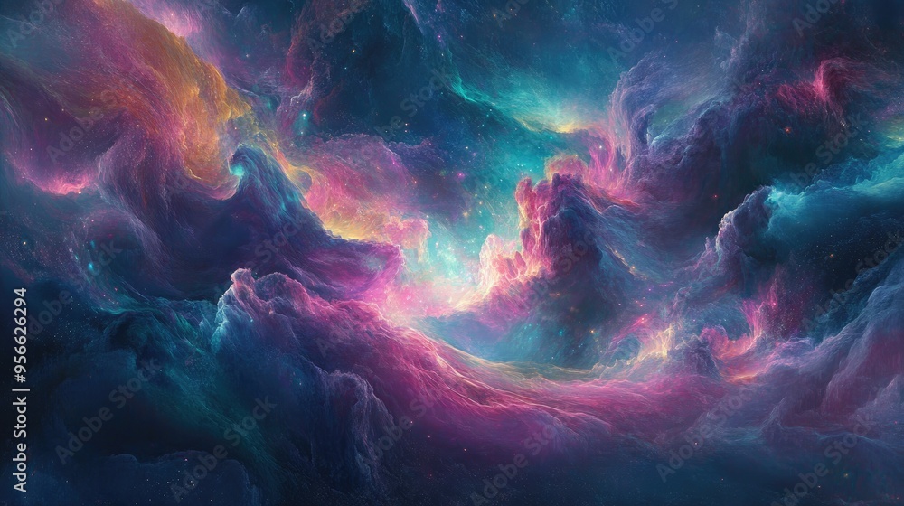 A swirling nebula with pink, blue, and orange hues A swirling nebula with pink, blue, and orange hues
