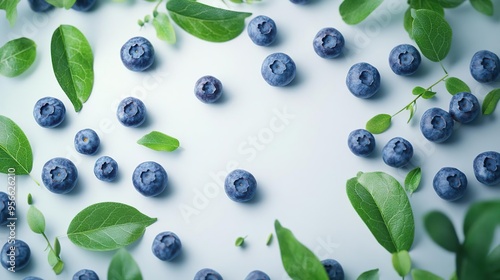 A vibrant arrangement of blueberries and green leaves on a light background.