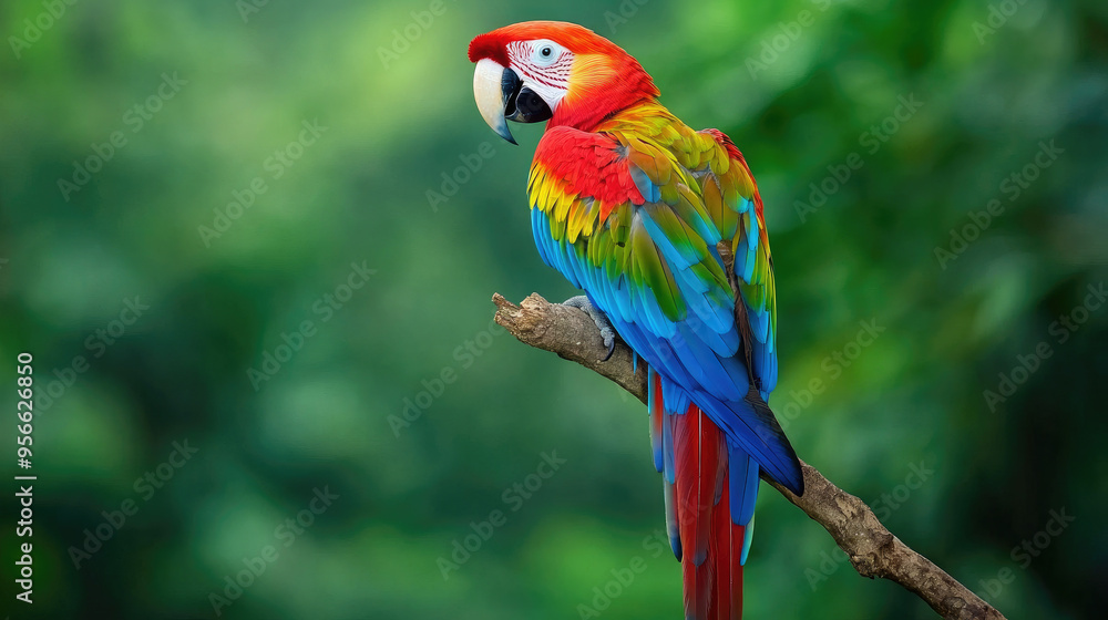 Colorful macaw perched on a branch in the Amazon, its vibrant feathers standing out against the lush green background Colorful macaw perched on a branch in the Amazon, its vibrant feathers standing out against the lush green background