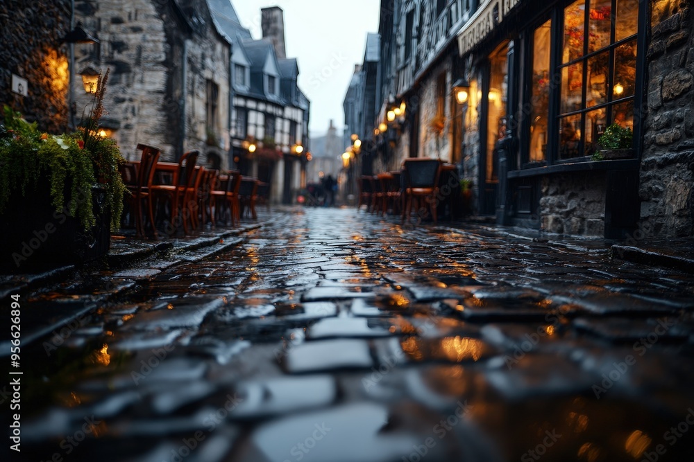 Fototapeta premium The image captures a glistening cobblestone street after rain, surrounded by medieval-style buildings, with a serene dusk ambiance highlighted by warm lights from street lamps.