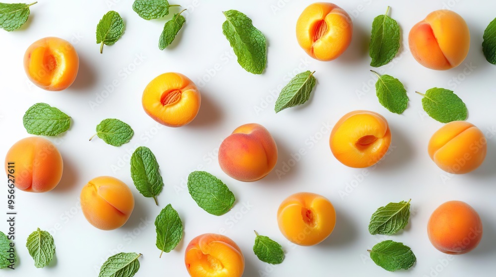 A vibrant arrangement of apricots and mint leaves on a light background. A vibrant arrangement of apricots and mint leaves on a light background.