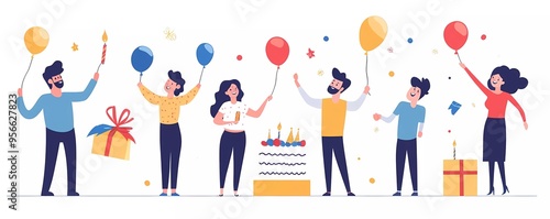 Set of people with gifts, cake, and balloons celebrating a birthday on a white background. Flat vector illustrations