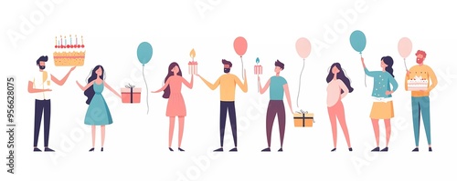 Set of people celebrating a birthday with a cake, balloons, and gifts. Vector illustration in a flat style on a white background. 