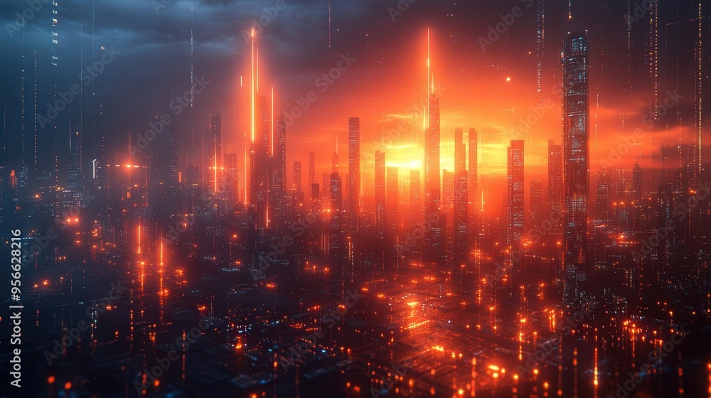 futuristic digital cityscape holographic arrows soaring upward data streams neon economic indicators sleek design futuristic digital cityscape holographic arrows soaring upward data streams neon economic indicators sleek design