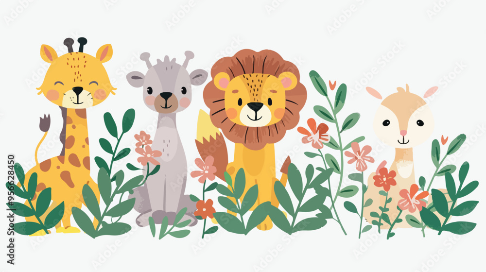 Fototapeta premium Cute Wild Animals Concept Poster with Lion and Giraffe