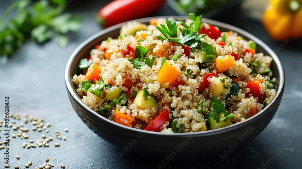 Bowl of quinoa salad with mixed vegetables and a sprinkle of seeds, nutrientdense brain food, wholesome meal Bowl of quinoa salad with mixed vegetables and a sprinkle of seeds, nutrientdense brain food, wholesome meal
