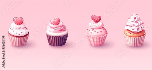 Vector set of cakes and cupcakes for Valentine's Day, three-dimensional icons on an isolated background