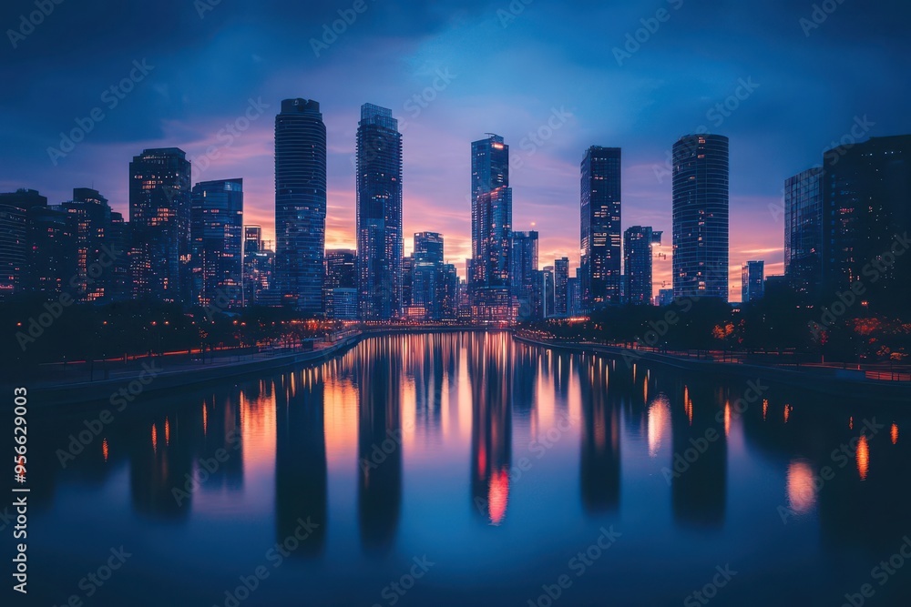 Fototapeta premium City skyline at dusk with glowing skyscrapers reflecting on a calm river, urban glowtime, serene and modern