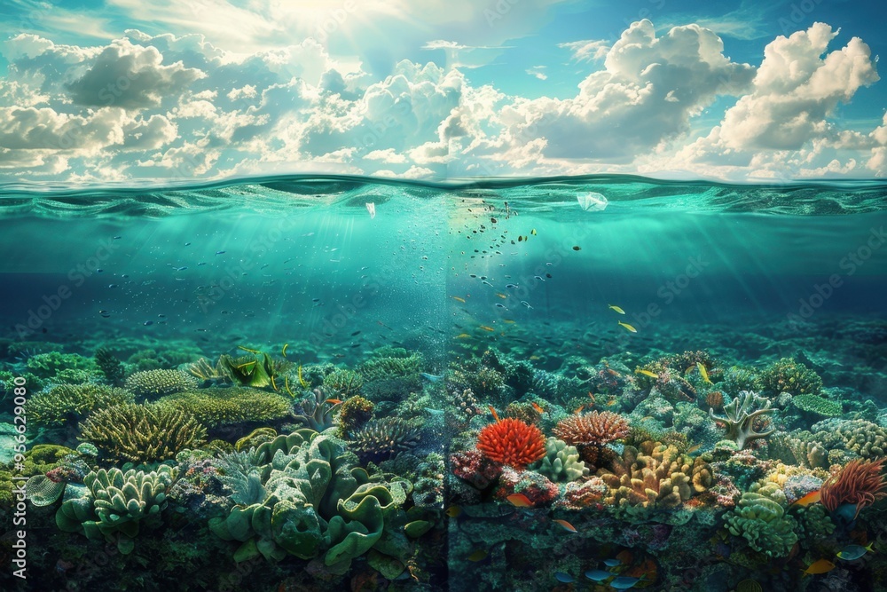 Illustration of Clean Ocean vs. Polluted Ocean with Marine Life and Plastic Waste
Illustration of Clean Ocean vs. Polluted Ocean with Marine Life and Plastic Waste