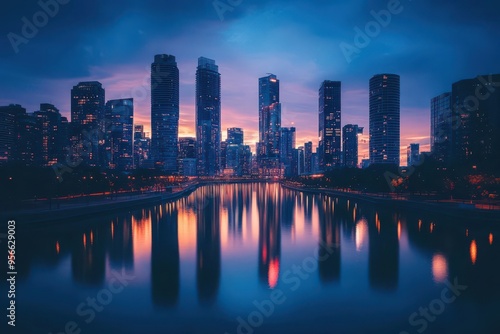 City skyline at dusk with glowing skyscrapers reflecting on a calm river, urban glowtime, serene and modern