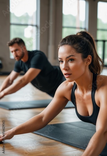 A fit couple discussing their workout plan in a gym, focusing on fitness and partnership.