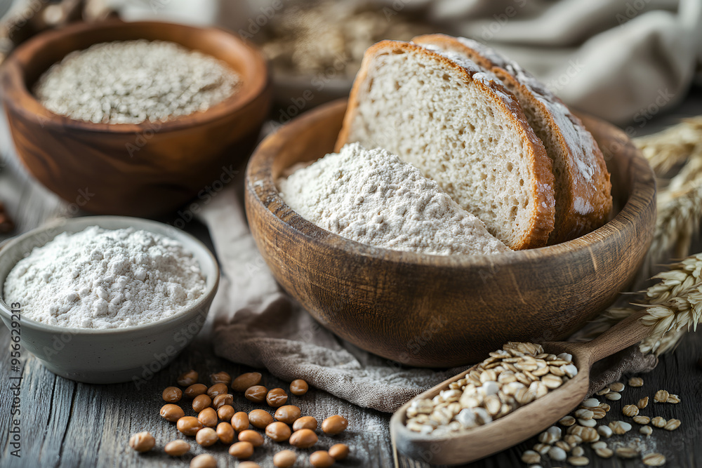 Crafts from grain, whole grains in a wooden bowl with flour and sliced bread on a rustic table background, Crafts from grain, whole grains in a wooden bowl with flour and sliced bread on a rustic table background,