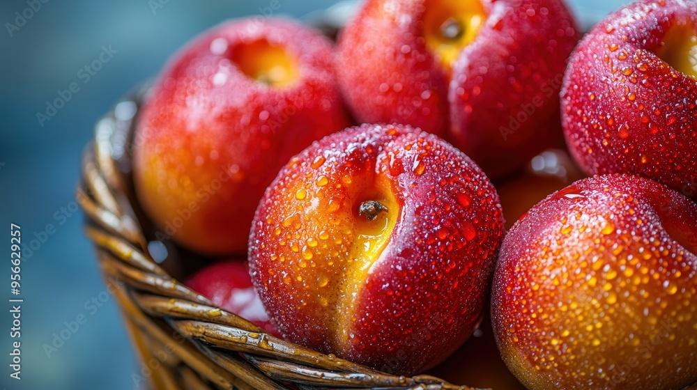 Close-up of Fresh Red Peaches with Water Drops in a Basket. Close-up of Fresh Red Peaches with Water Drops in a Basket.