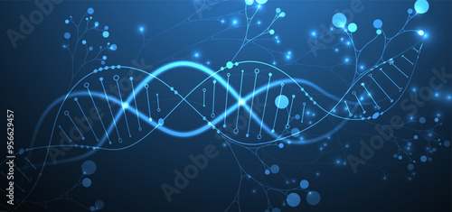 Scientific medical background with abstract image of dna molecule and tree branches. Neon glow effects and gradient. Hand drawn vector illustration.