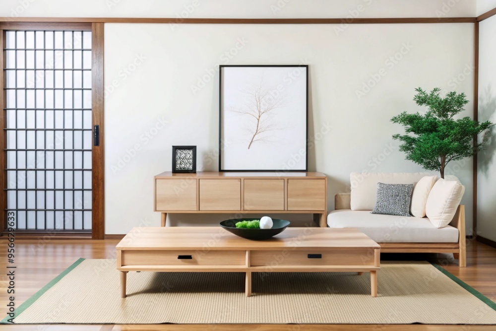 Square coffee table near white sofa and rustic cabinets against white wall with blank poster frames with copy space. Japanese home interior design of modern living room Square coffee table near white sofa and rustic cabinets against white wall with blank poster frames with copy space. Japanese home interior design of modern living room