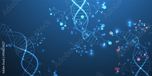 Scientific medical background with abstract image of dna molecule and tree branches. Neon glow effects and gradient. Hand drawn vector illustration.