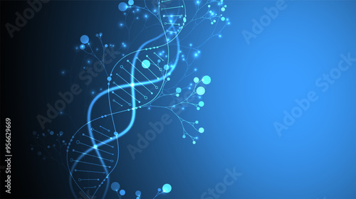 Scientific medical background with abstract image of dna molecule and tree branches. Neon glow effects and gradient. Hand drawn vector illustration.