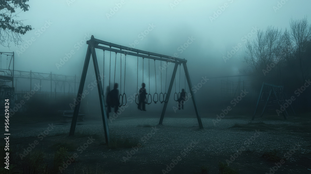 An eerie, deserted playground with ghostly children faintly visible on the swings. An eerie, deserted playground with ghostly children faintly visible on the swings.