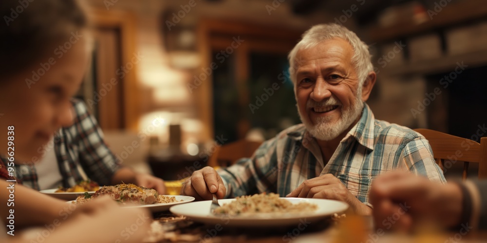 A happy elderly man enjoying dinner with family, smiling warmly. The cozy atmosphere suggests a heartfelt family gathering in a rustic setting, with everyone engaged. A happy elderly man enjoying dinner with family, smiling warmly. The cozy atmosphere suggests a heartfelt family gathering in a rustic setting, with everyone engaged.