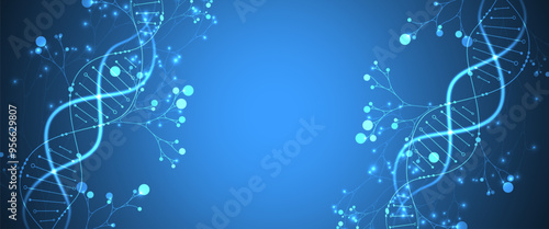 Scientific medical background with abstract image of dna molecule and tree branches. Neon glow effects and gradient. Hand drawn vector illustration.