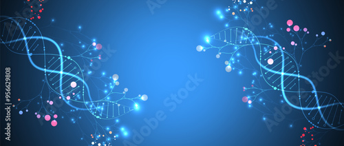 Scientific medical background with abstract image of dna molecule and tree branches. Neon glow effects and gradient. Hand drawn vector illustration.