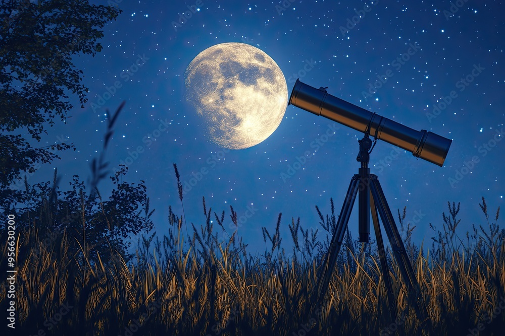 Telescope Watching the Full Moon Under Starry Sky Telescope Watching the Full Moon Under Starry Sky