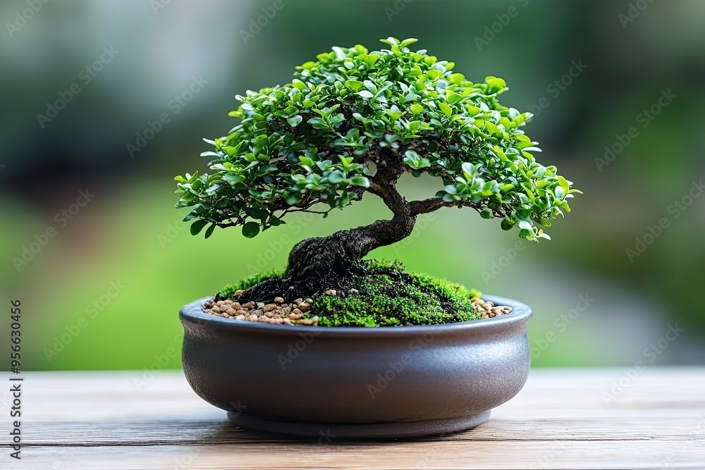 Serene Bonsai Tree in Elegant Pot on Wooden Surface Serene Bonsai Tree in Elegant Pot on Wooden Surface