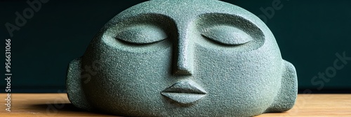 Abstract Stone Face Sculpture on Wooden Table photo